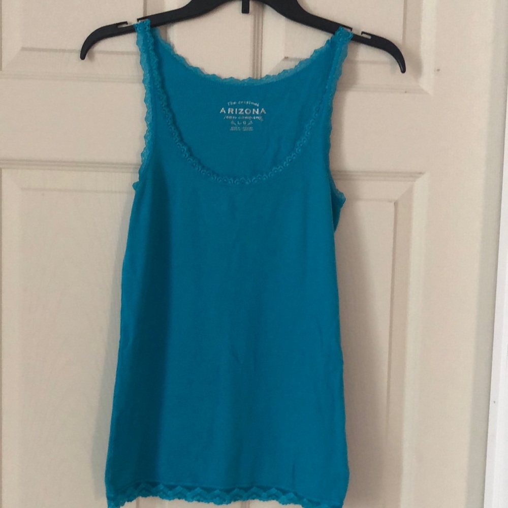 Turquoise blue tank top with lace trim